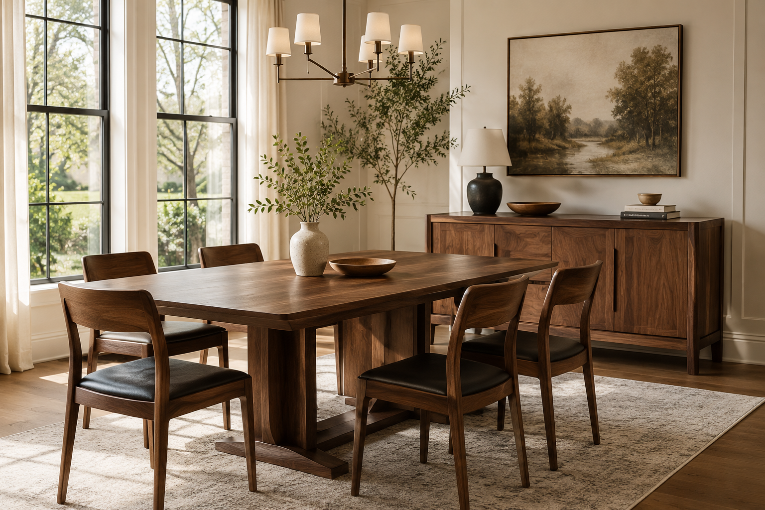 Custom walnut dining table and sideboard in a sunlit dining room
